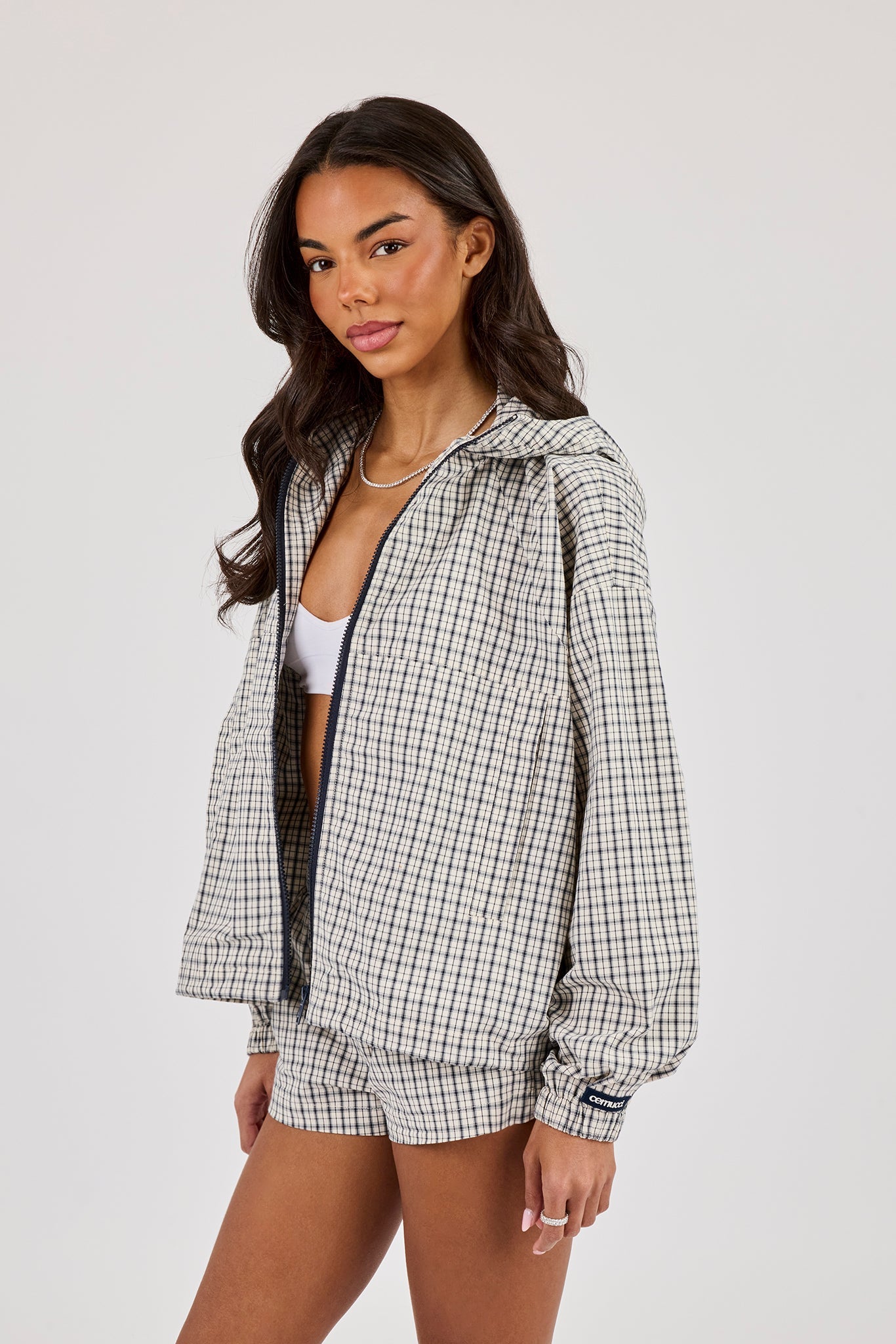 Check Nylon Zip Hooded Jacket - Off White